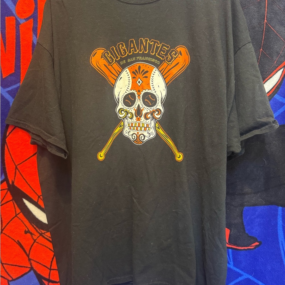 Gildan Black Graphic Tee with Orange and White Design